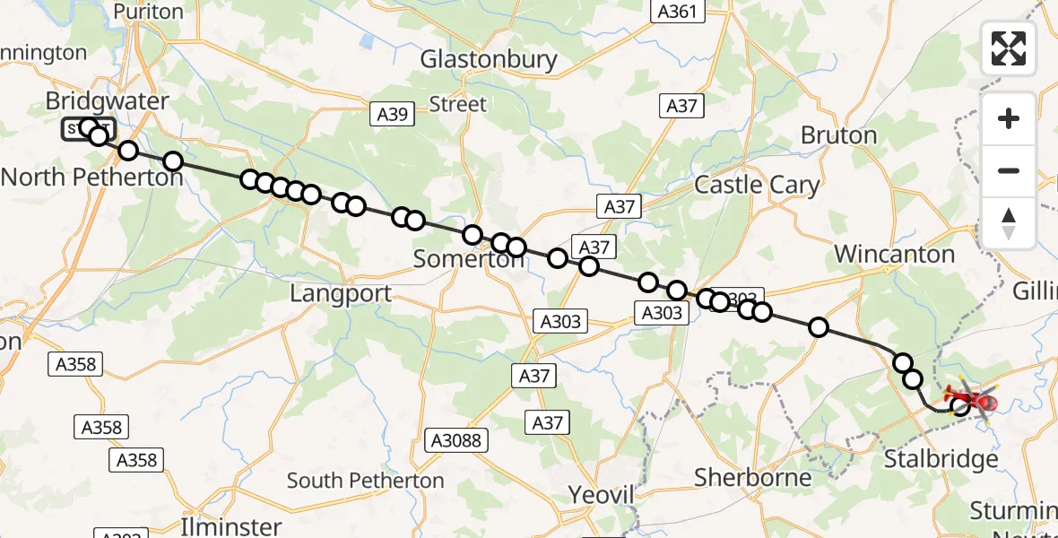 Flight path map showing Air Ambulance Helicopter route from Bridgwater to Henstridge Airfield