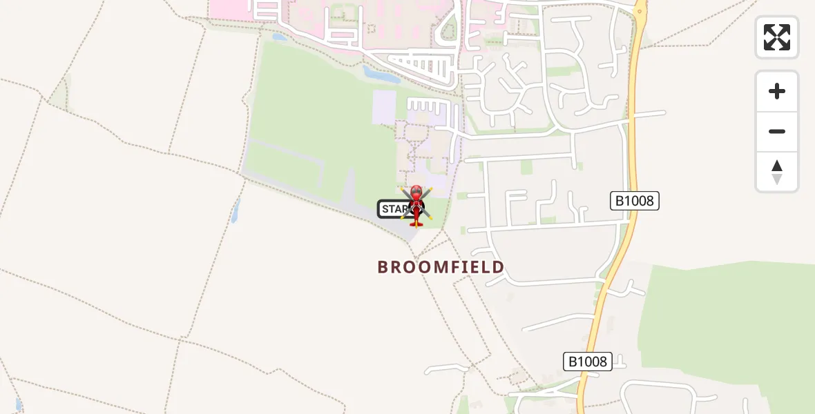 Flight path map showing Air Ambulance Helicopter route from Broomfield Hospital to Chelmsford