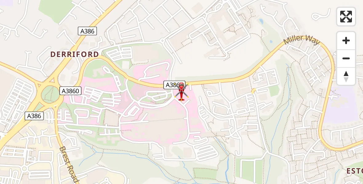 Flight path map showing Air Ambulance Helicopter route from Derriford Hospital to Derriford Hospital