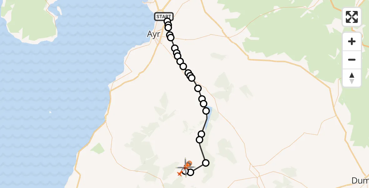 Flight path map showing Coastguard Helicopter route from Glasgow Prestwick Airport to Dumfries and Galloway