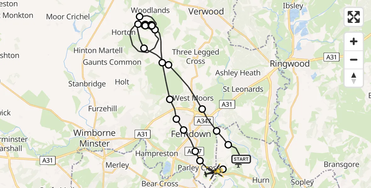 Flight path map showing Police Helicopter route from Bournemouth Airport to Parley Cross
