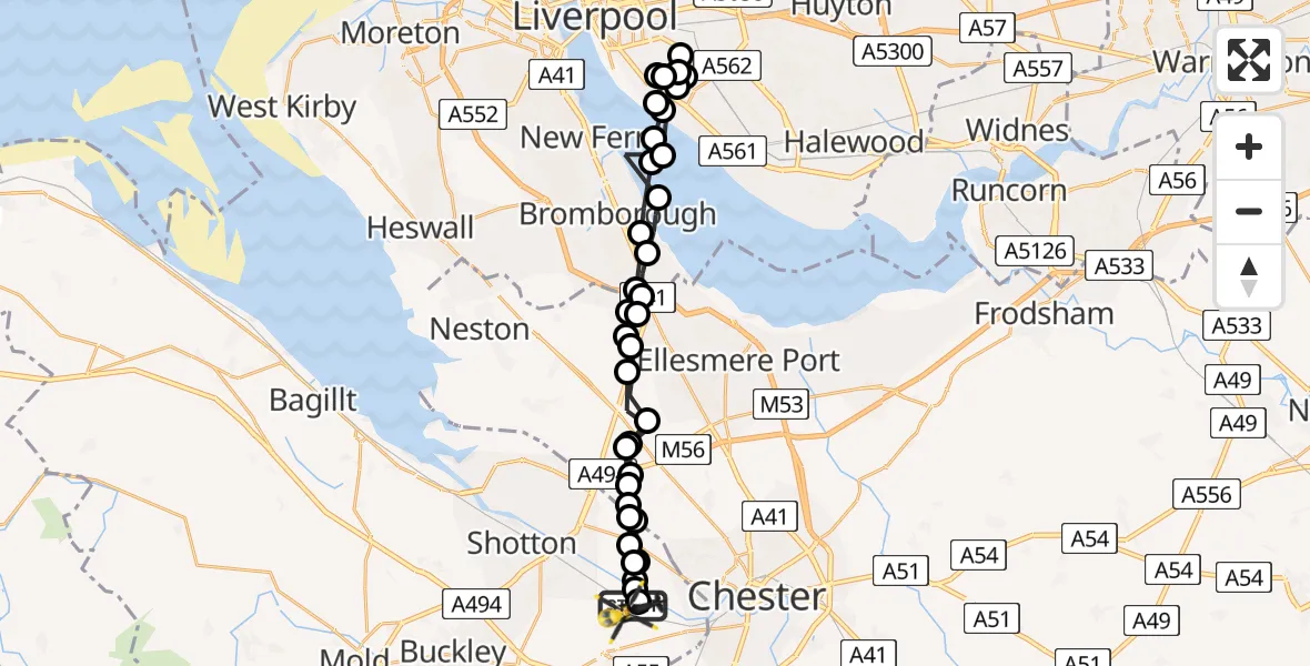 Flight path map showing Police Helicopter route from Hawarden Airport to Hawarden Airport