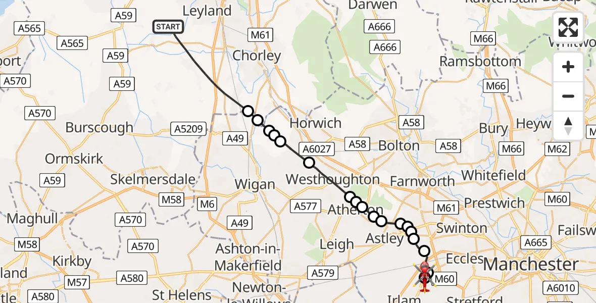 Flight path map showing Air Ambulance Helicopter route from Chorley to Manchester Barton Aerodrome