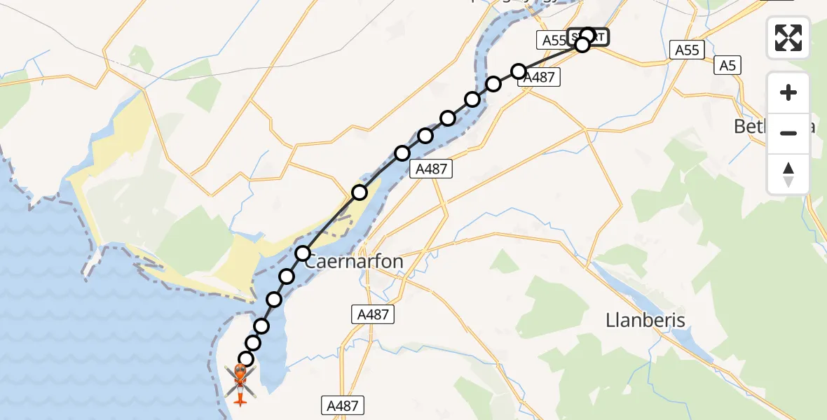 Flight path map showing Coastguard Helicopter route from Ysbyty Gwynedd Hospital Heliport to Caernarfon Airport