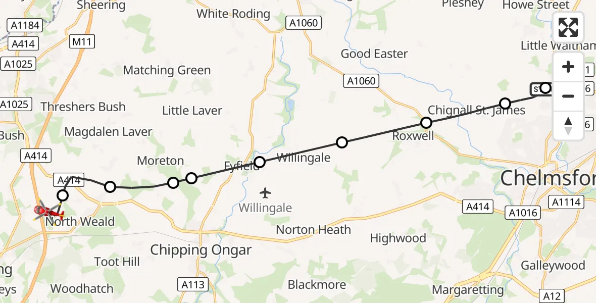 Flight path map showing Air Ambulance Helicopter route from Broomfield Hospital to North Weald Airfield