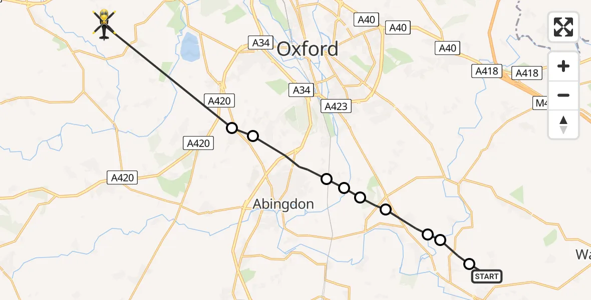 Flight path map showing Police Helicopter route from Berrick Salome to West Oxfordshire