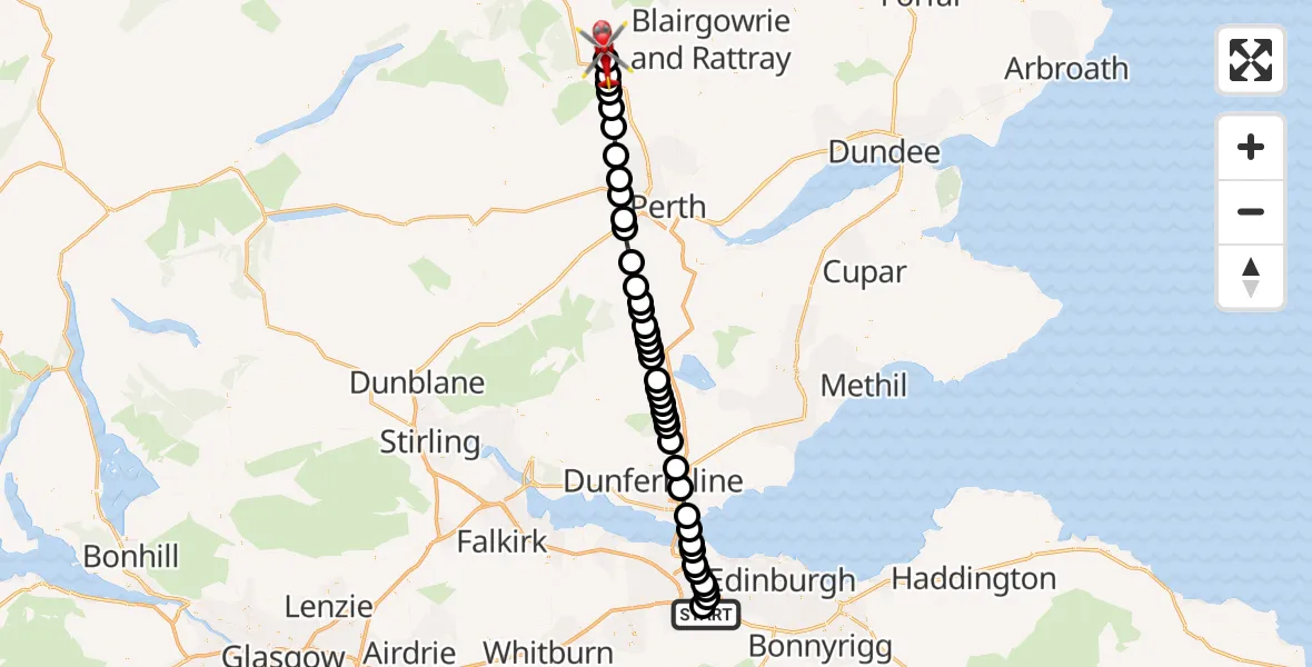 Flight path map showing Air Ambulance Helicopter route from Addiston Mains Farm Heliport to Butterstone