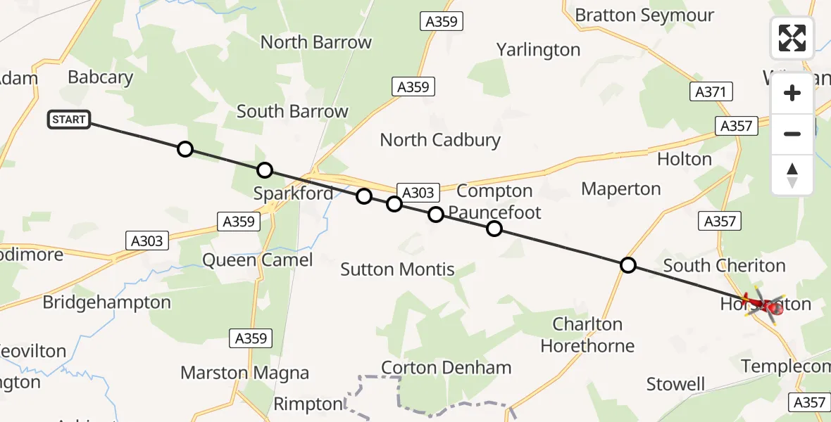 Flight path map showing Air Ambulance Helicopter route from Babcary to South Cheriton