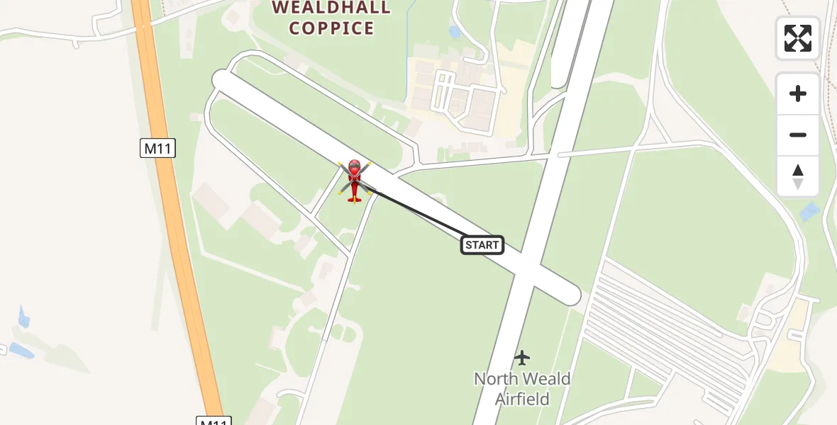 Flight path map showing Air Ambulance Helicopter route from North Weald Airfield to North Weald Airfield