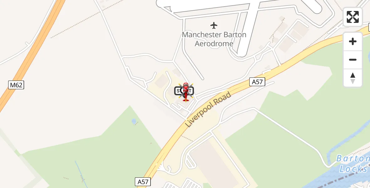 Flight path map showing Air Ambulance Helicopter route from Manchester Barton Aerodrome to Irlam