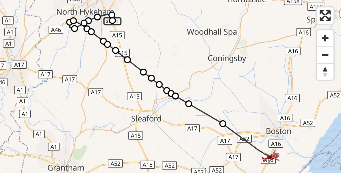 Flight path map showing Air Ambulance Helicopter route from RAF Waddington to Boston