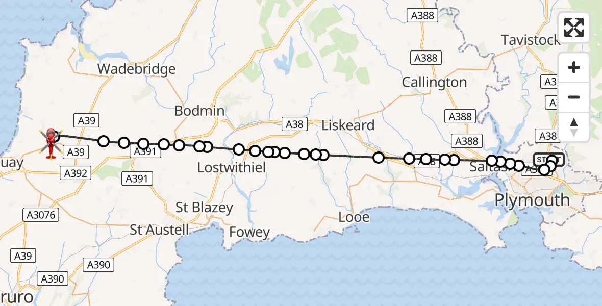 Flight path map showing Air Ambulance Helicopter route from Derriford Hospital to Cornwall Airport Newquay