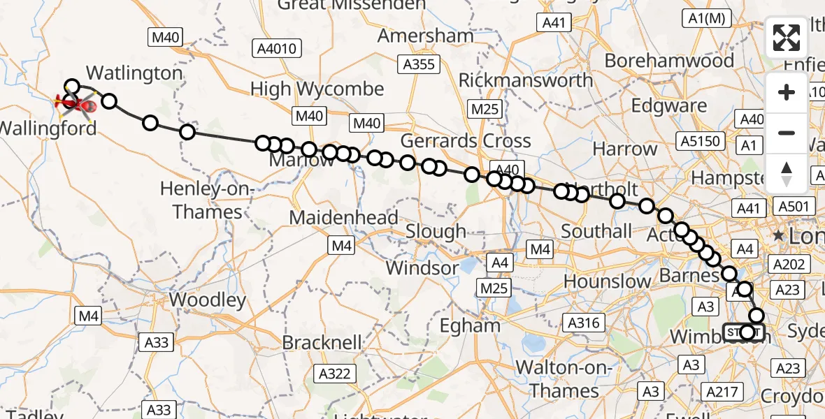 Flight path map showing Air Ambulance Helicopter route from St Georges Hospital to RAF Benson