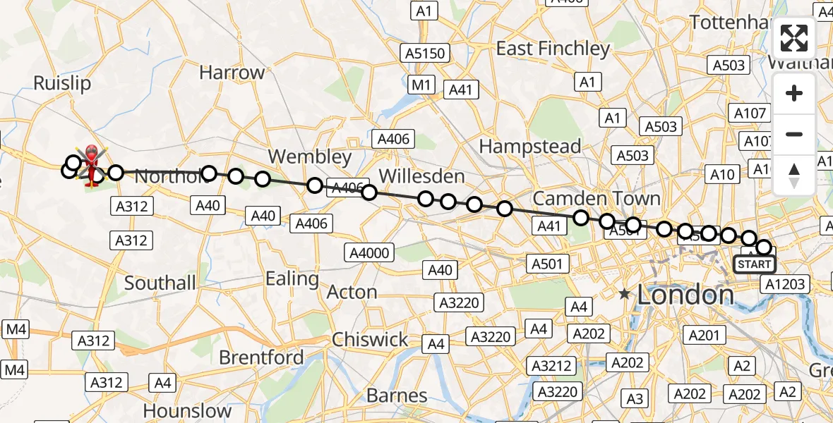 Flight path map showing Air Ambulance Helicopter route from Royal London Hospital to RAF Northolt