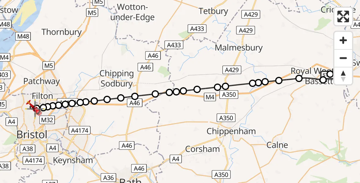 Flight path map showing Air Ambulance Helicopter route from Royal Wootton Bassett to Bristol
