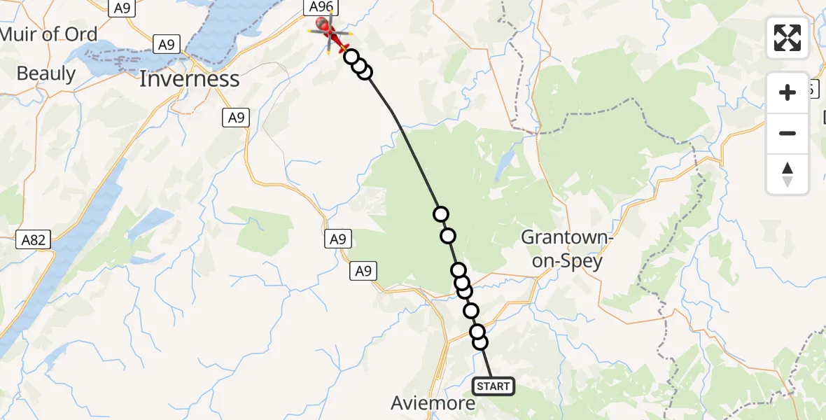 Flight path map showing Air Ambulance Helicopter route from Delbog to Cantray