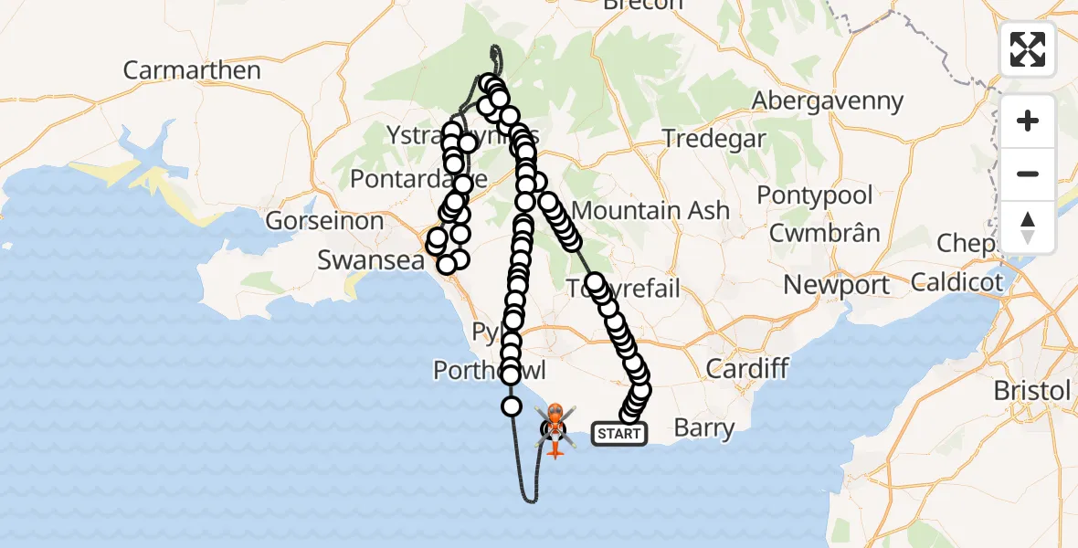 Flight path map showing Coastguard Helicopter route from MOD St Athan to Marcross