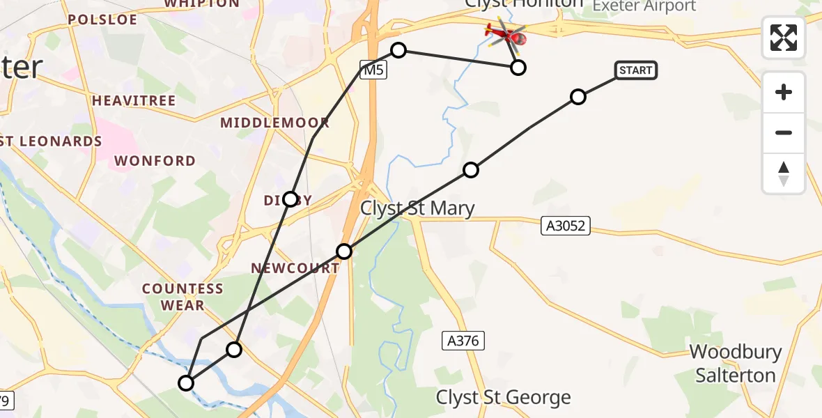 Flight path map showing Air Ambulance Helicopter route from Exeter International Airport to East Devon