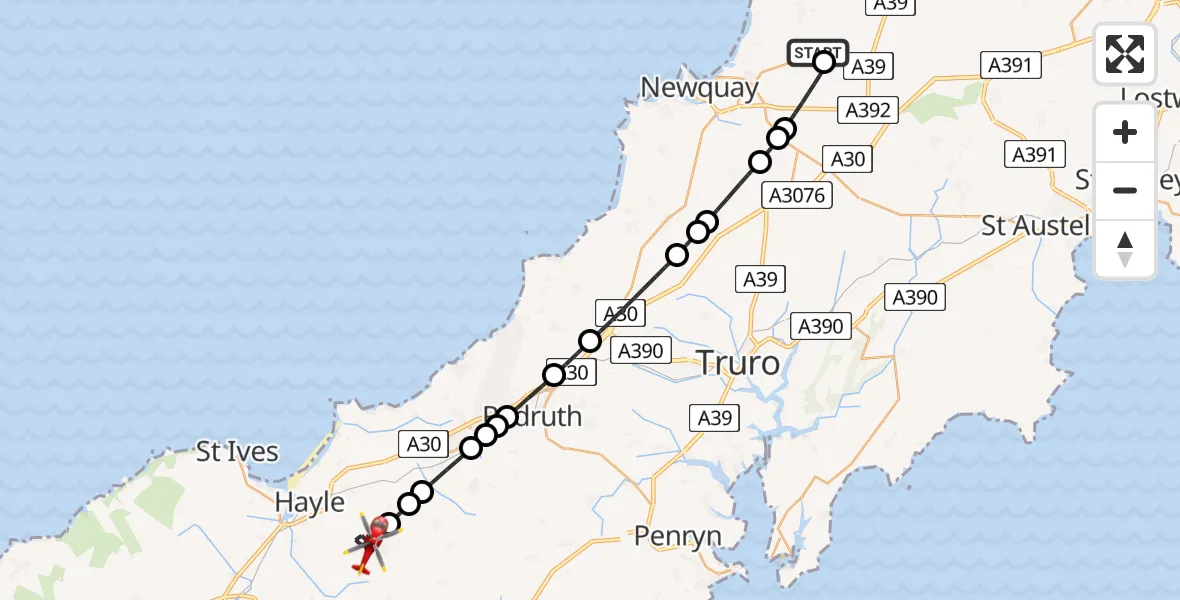 Flight path map showing Air Ambulance Helicopter route from Cornwall Airport Newquay to Leedstown
