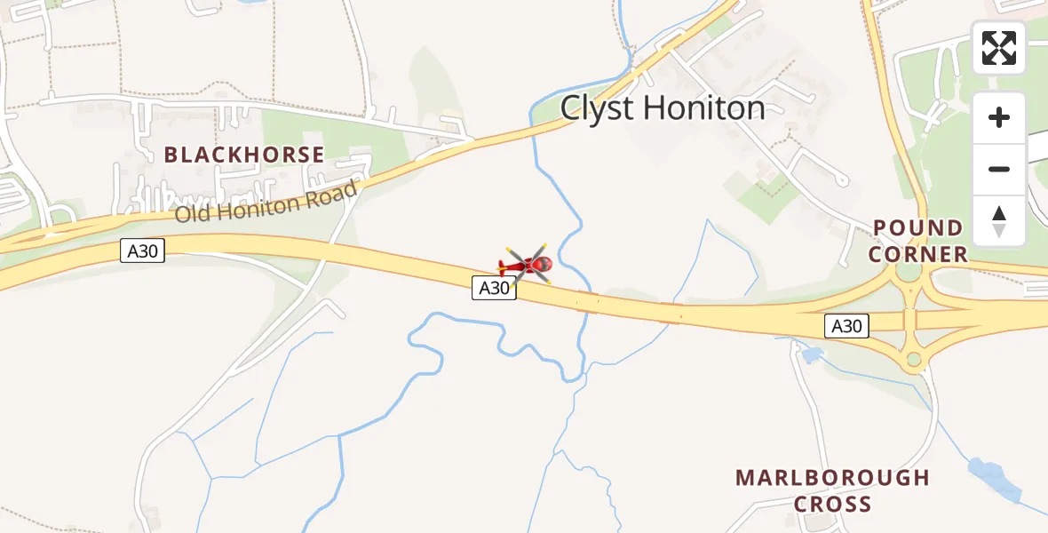 Flight path map showing Air Ambulance Helicopter route from East Devon to East Devon