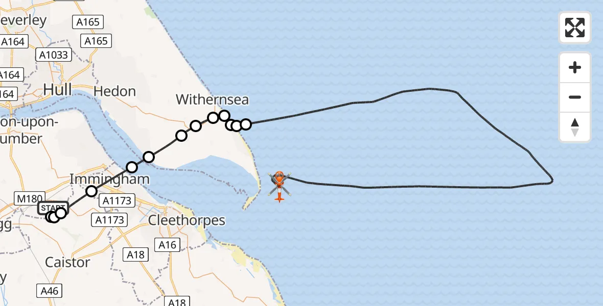 Flight path map showing Coastguard Helicopter route from Humberside Airport to North Sea