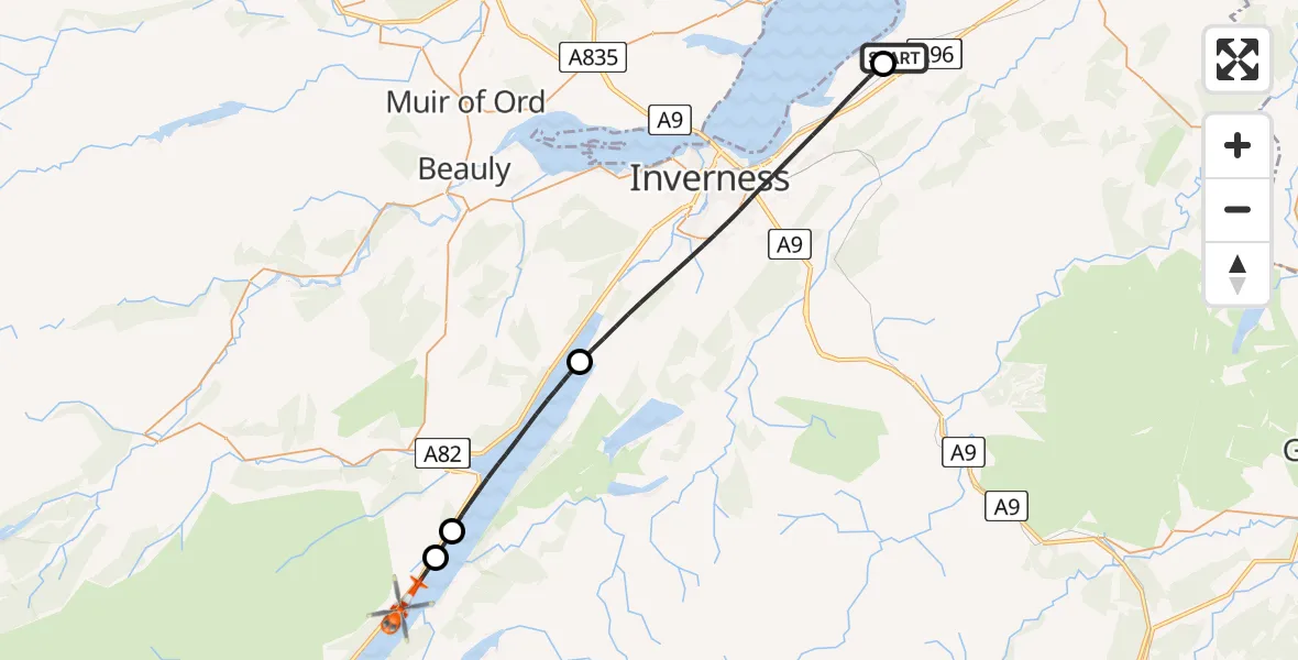 Flight path map showing Coastguard Helicopter route from Inverness Airport to Loch Ness