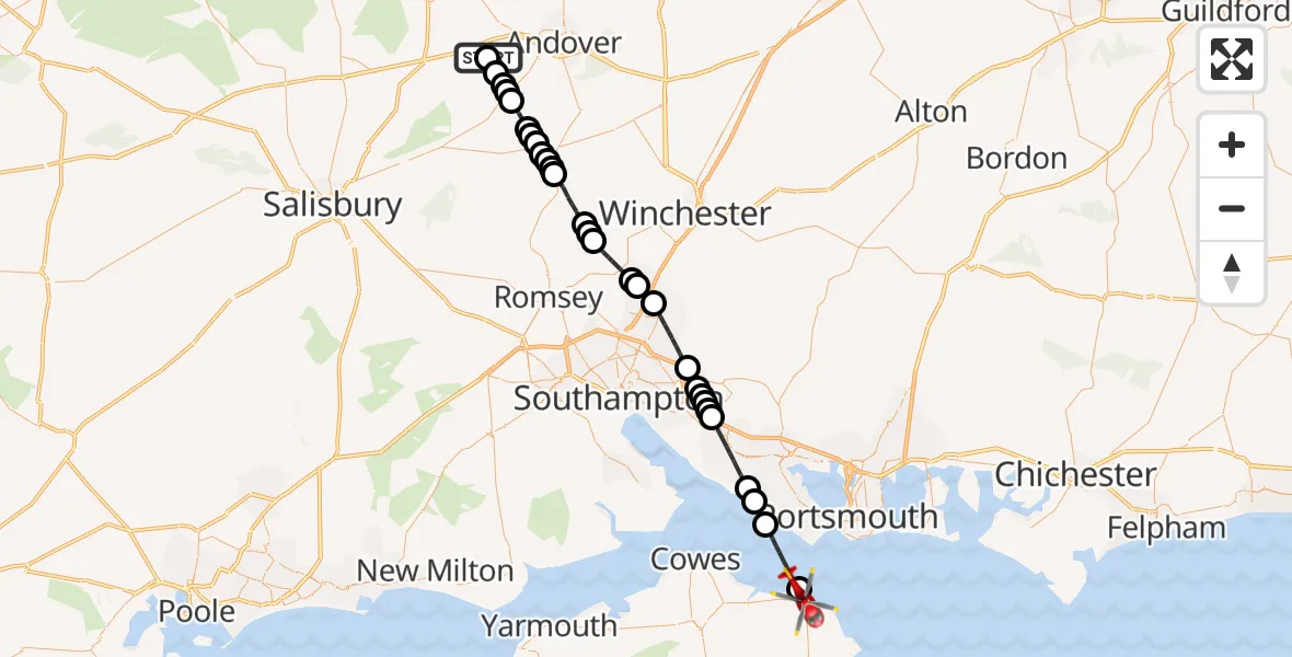 Flight path map showing Air Ambulance Helicopter route from Amport to Ryde