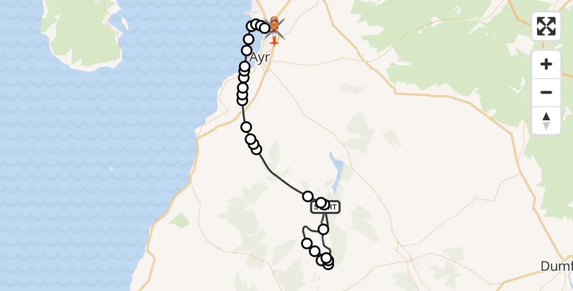 Flight path map showing Coastguard Helicopter route from East Ayrshire to Glasgow Prestwick Airport
