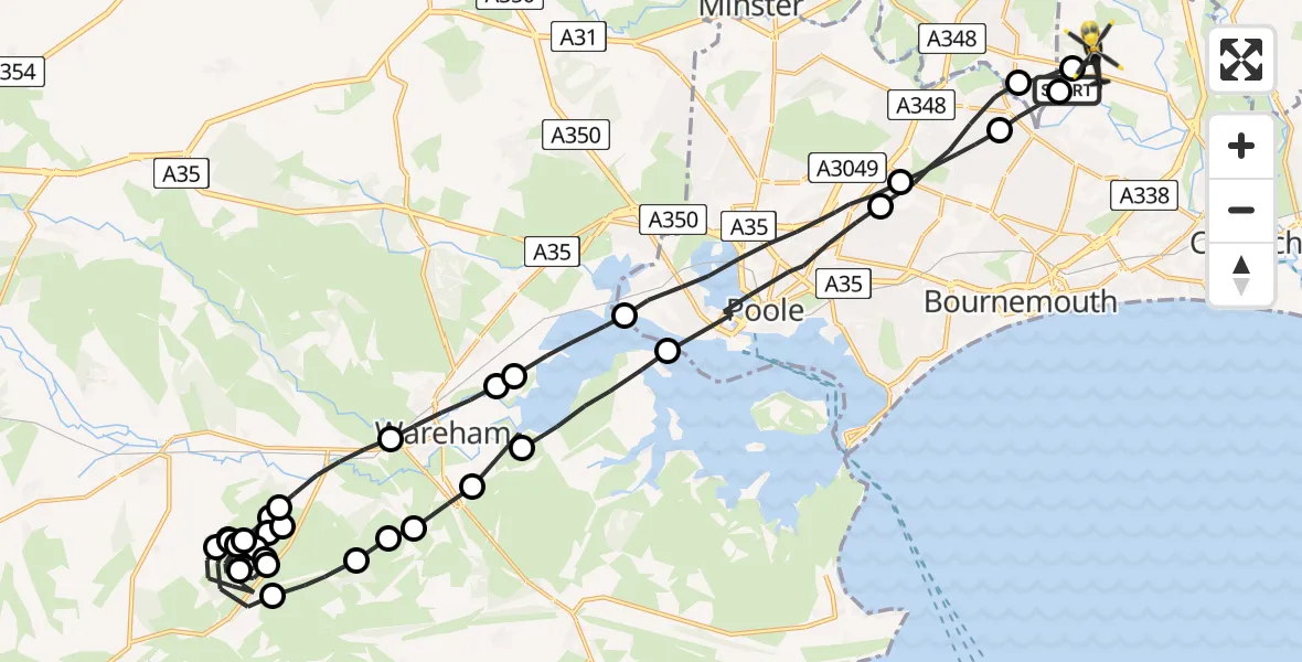Flight path map showing Police Helicopter route from Hurn to Bournemouth Airport