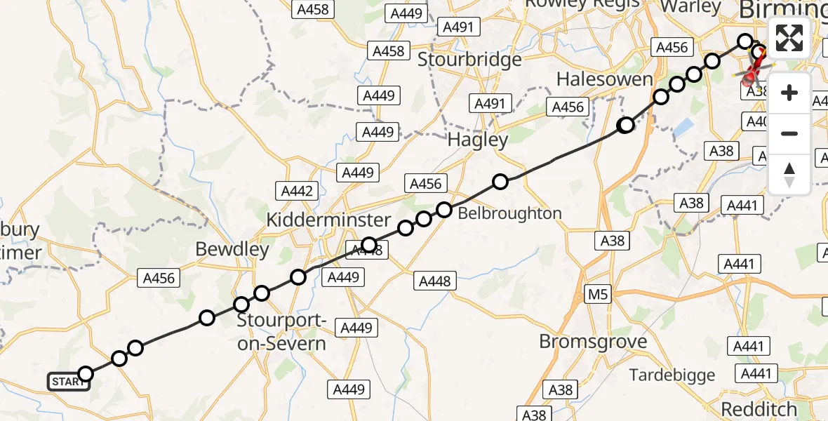 Flight path map showing Air Ambulance Helicopter route from Lindridge to Metchley