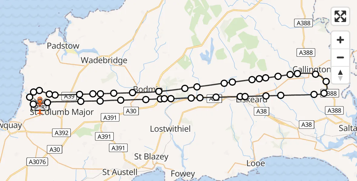 Flight path map showing Coastguard Helicopter route from Cornwall Airport Newquay to Cornwall Airport Newquay
