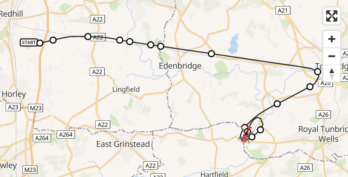 Flight path map showing Air Ambulance Helicopter route from Redhill Aerodrome to Wealden