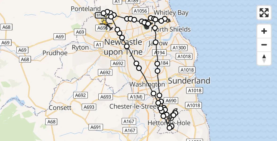 Flight path map showing Police Helicopter route from Newcastle International Airport to Woolsington