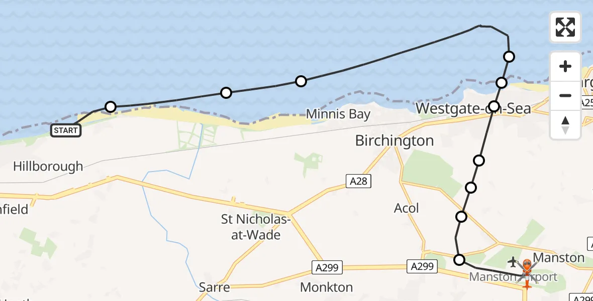 Flight path map showing Coastguard Helicopter route from Hillborough to Manston Airport
