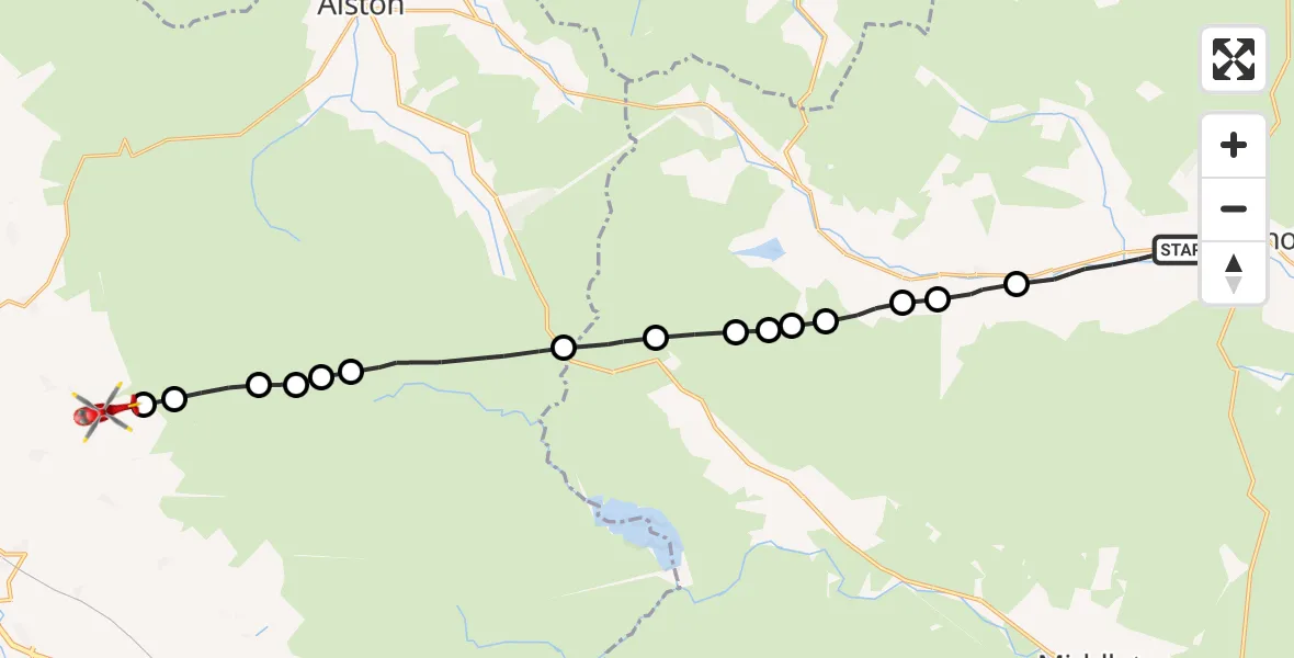 Flight path map showing Air Ambulance Helicopter route from Stanhope to Culgaith