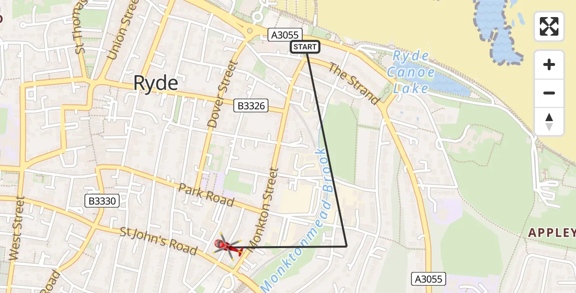 Flight path map showing Air Ambulance Helicopter route from Ryde to Ryde