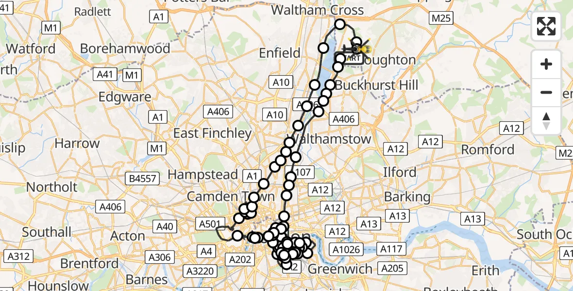 Flight path map showing Police Helicopter route from Chingford to Metropolitan Police Air Support Unit Lippitts Hill