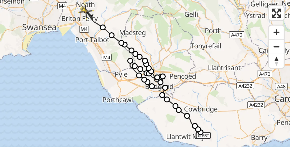 Flight path map showing Police Helicopter route from MOD St Athan to Neath
