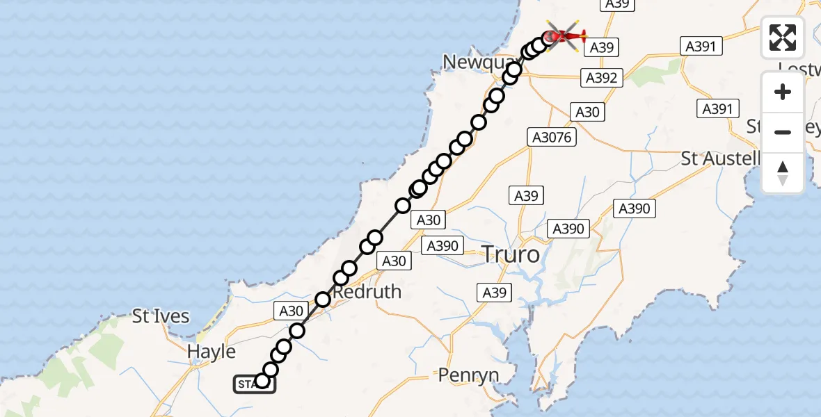 Flight path map showing Air Ambulance Helicopter route from Leedstown to Cornwall Airport Newquay