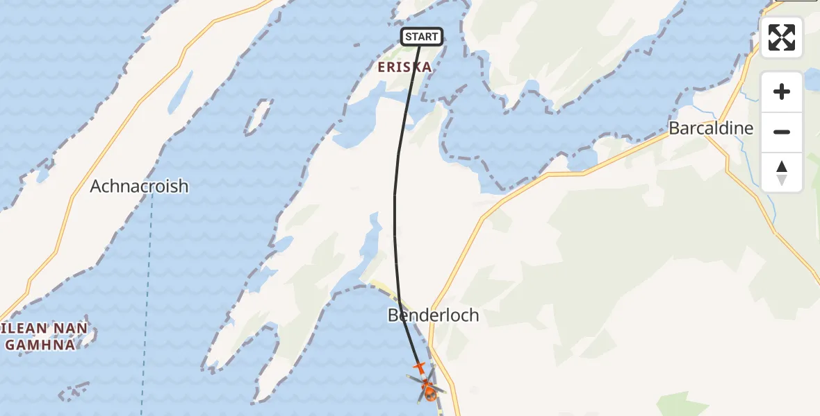 Flight path map showing Coastguard Helicopter route from Inner Seas to Benderloch