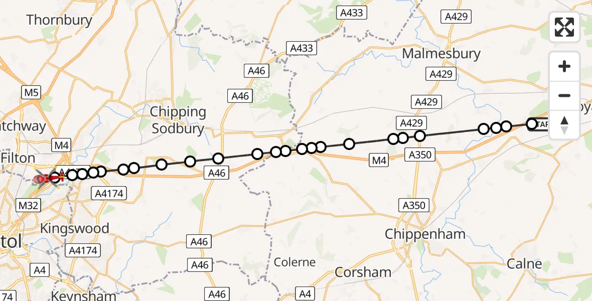 Flight path map showing Air Ambulance Helicopter route from Brinkworth to Harry Stoke