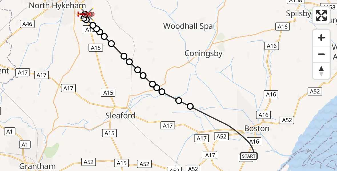 Flight path map showing Air Ambulance Helicopter route from Boston to North Kesteven