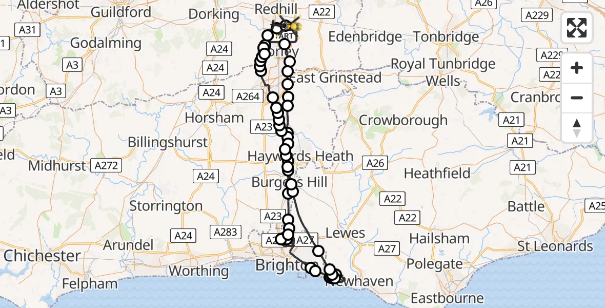 Flight path map showing Police Helicopter route from Salfords to Redhill Aerodrome