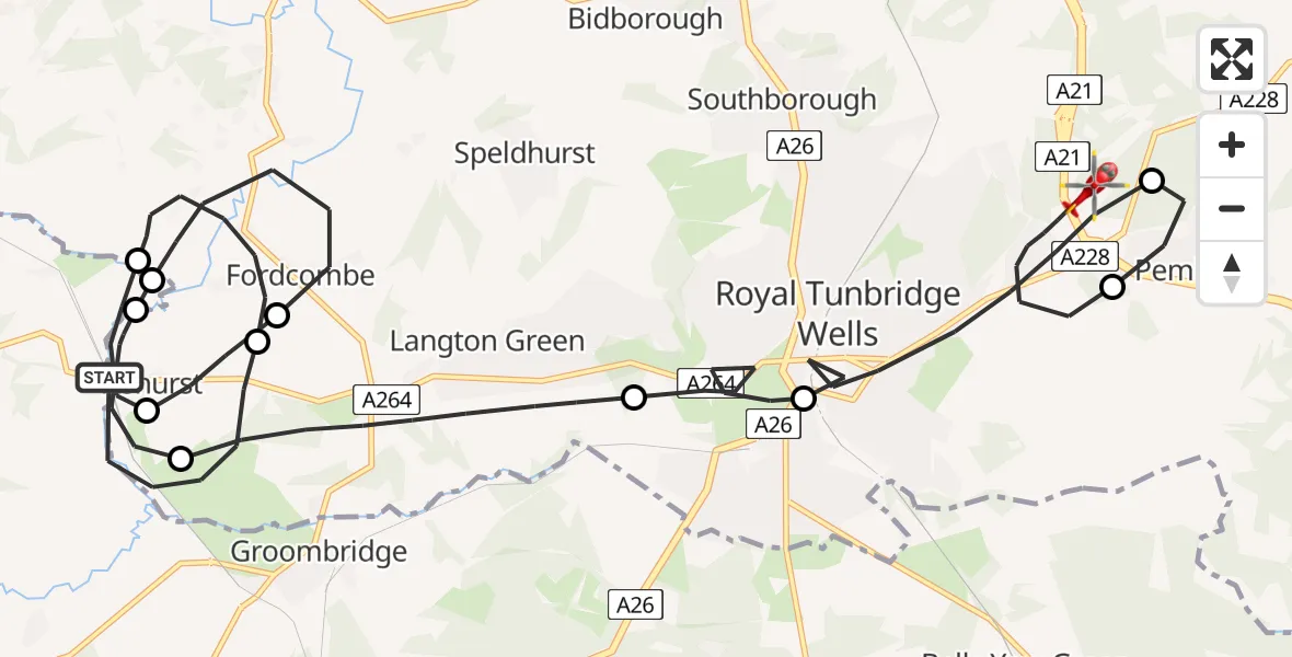 Flight path map showing Air Ambulance Helicopter route from Speldhurst to Royal Tunbridge Wells