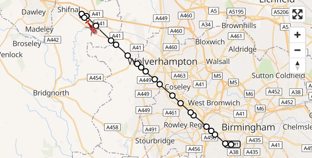 Flight path map showing Air Ambulance Helicopter route from Queen Elizabeth Hospital Helipad to RAF Cosford