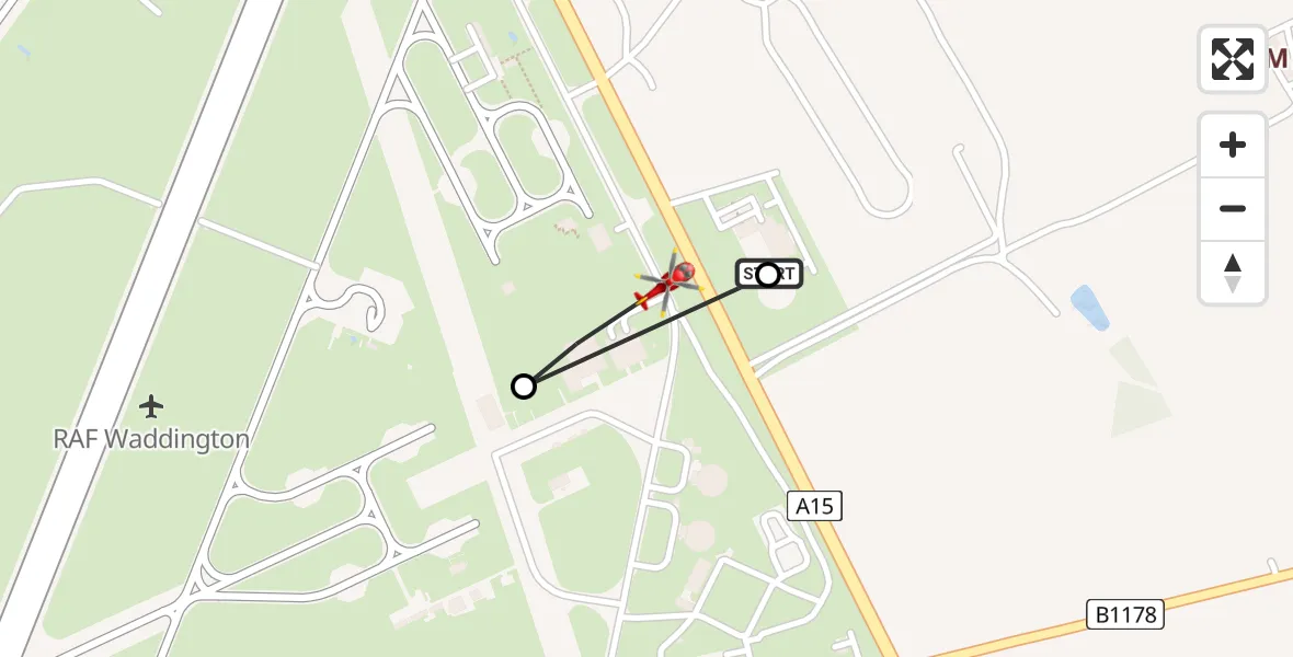 Flight path map showing Air Ambulance Helicopter route from RAF Waddington to RAF Waddington