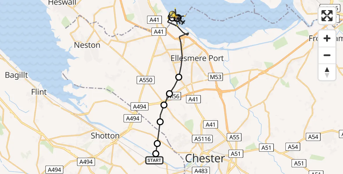 Flight path map showing Police Helicopter route from Hawarden Airport to Eastham Village
