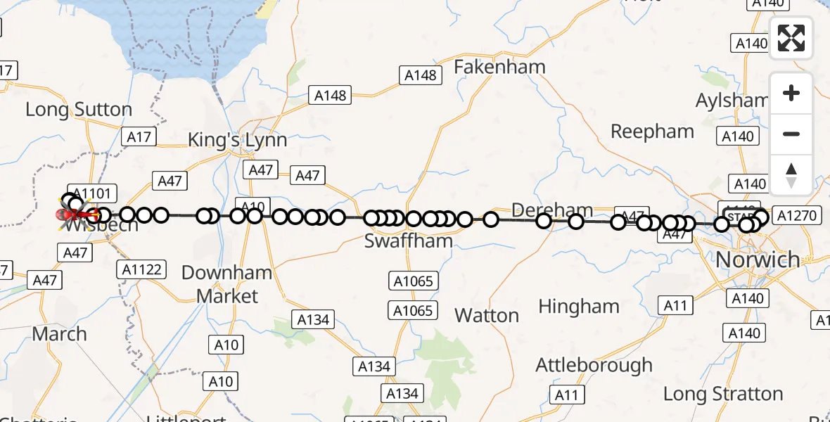 Flight path map showing Air Ambulance Helicopter route from Norwich Airport to Leverington