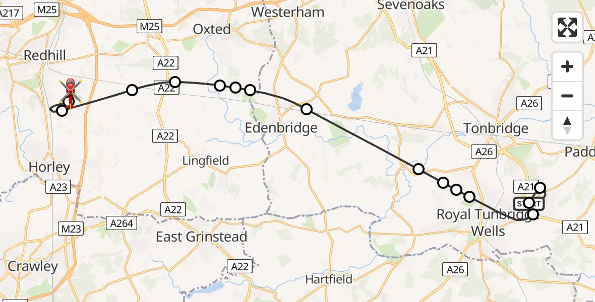 Flight path map showing Air Ambulance Helicopter route from Tunbridge Wells Hospital Heliport to Redhill Aerodrome