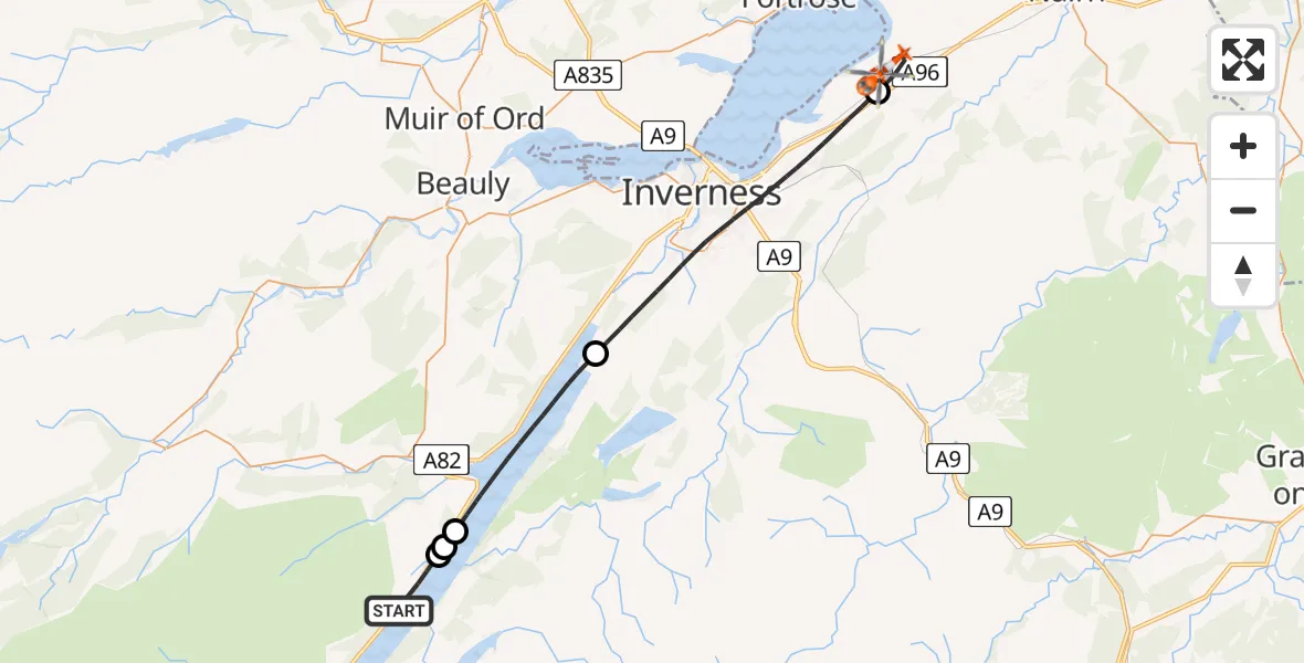 Flight path map showing Coastguard Helicopter route from Foyers to Inverness Airport
